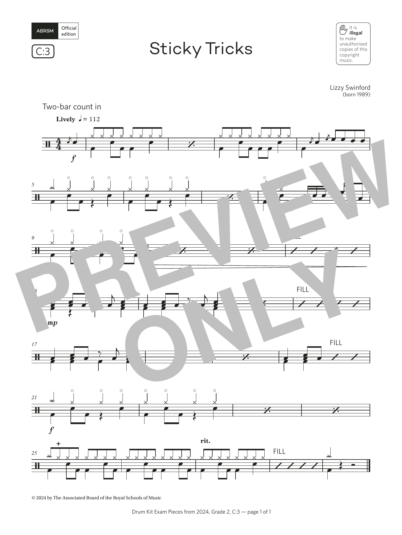 Lizzy Swinford Sticky Tricks (Grade 2, list C3, from the ABRSM Drum Kit Syllabus 2024) Sheet Music Notes & Chords for Drums - Download or Print PDF