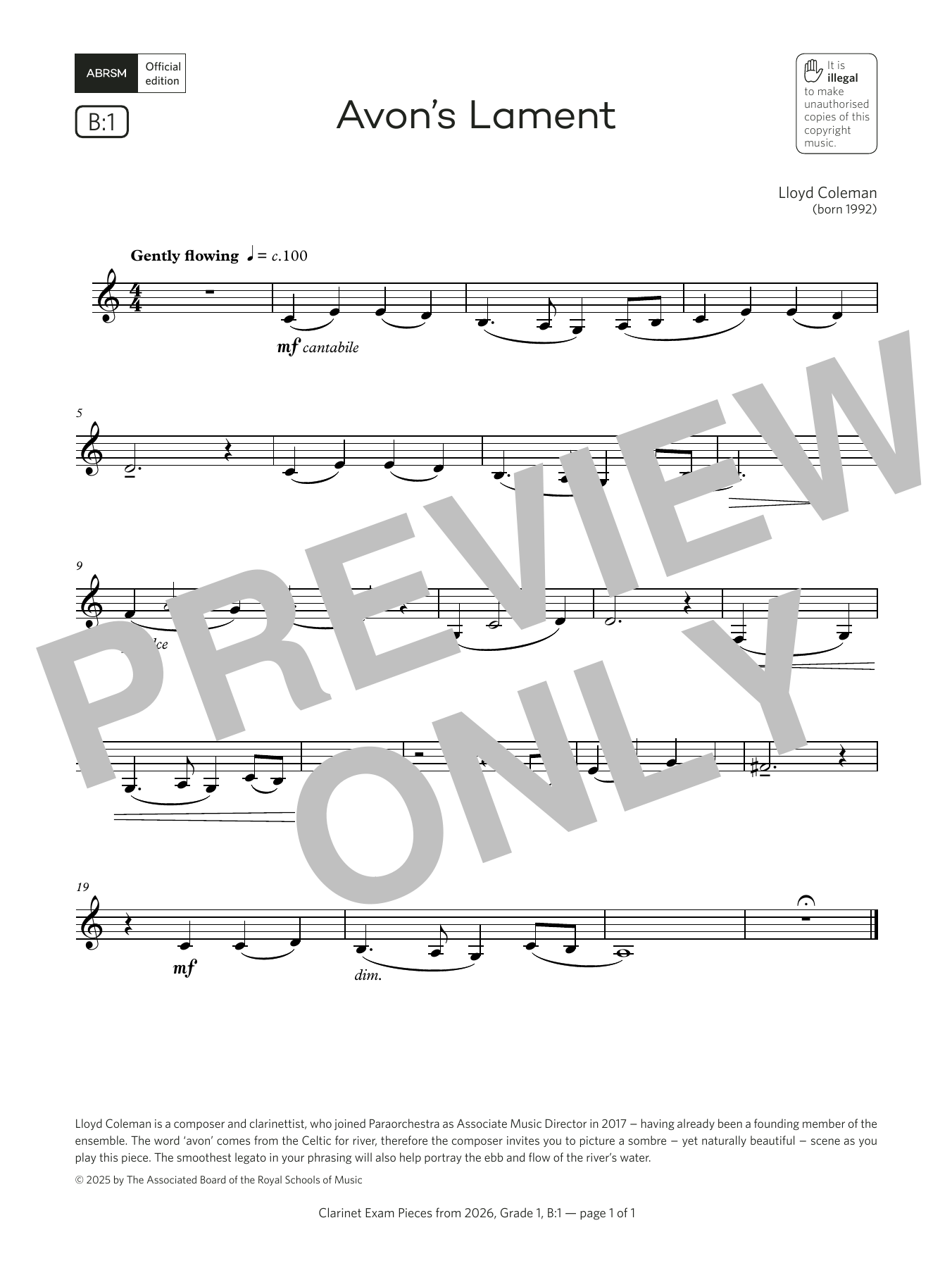 Lloyd Coleman Avon's Lament (Grade 1, list B1, from the ABRSM Clarinet Syllabus from 2026) Sheet Music Notes & Chords for Clarinet Solo - Download or Print PDF Lloyd Coleman Avon's Lament (Grade 1, list B1, from the ABRSM Clarinet Syllabus from 2026) Sheet Music Notes & Chords for Clarinet Solo - Download or Print PDF