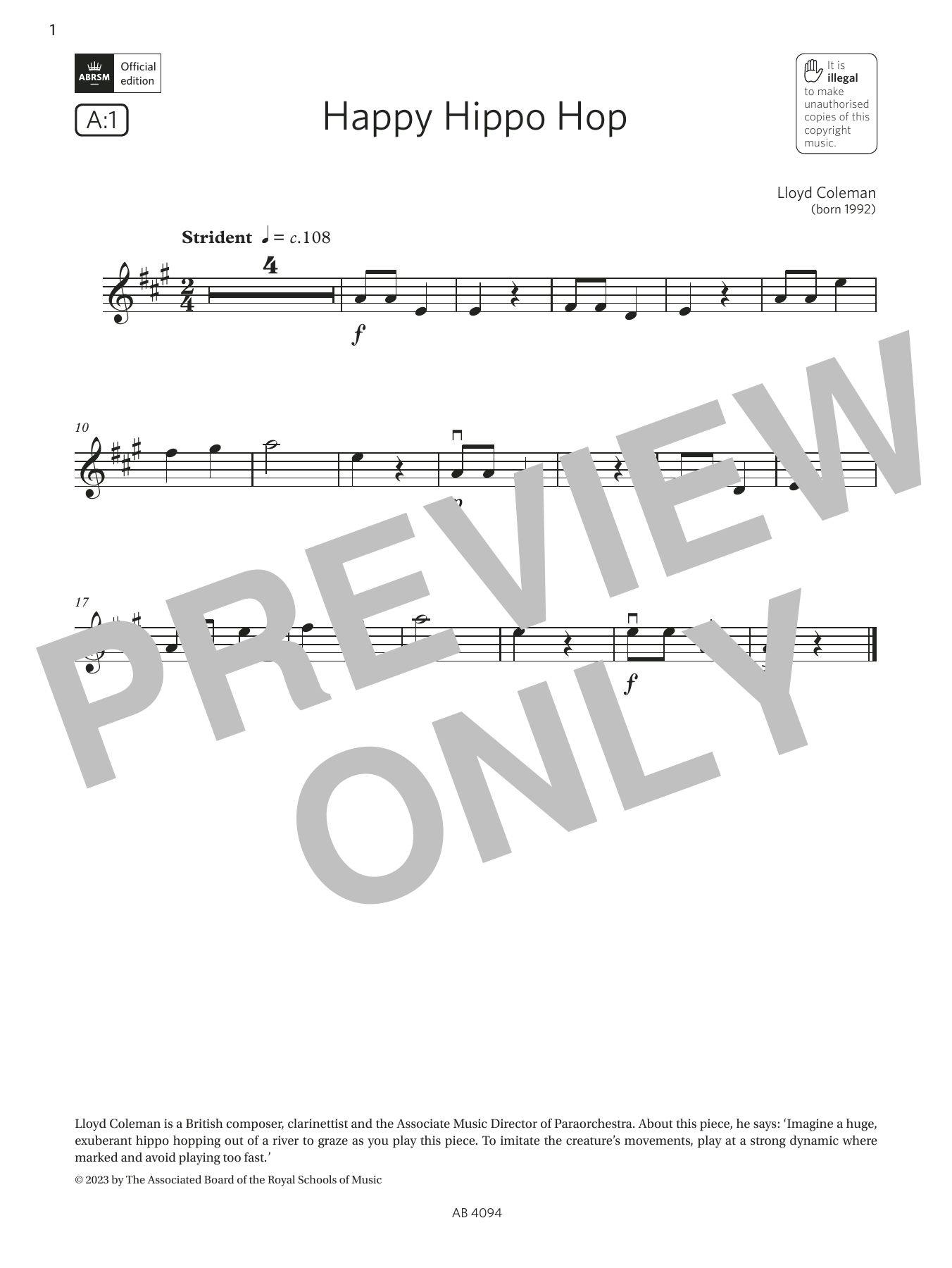Lloyd Coleman Happy Hippo Hop (Grade Initial, A1, from the ABRSM Violin Syllabus from 2024) Sheet Music Notes & Chords for Violin Solo - Download or Print PDF