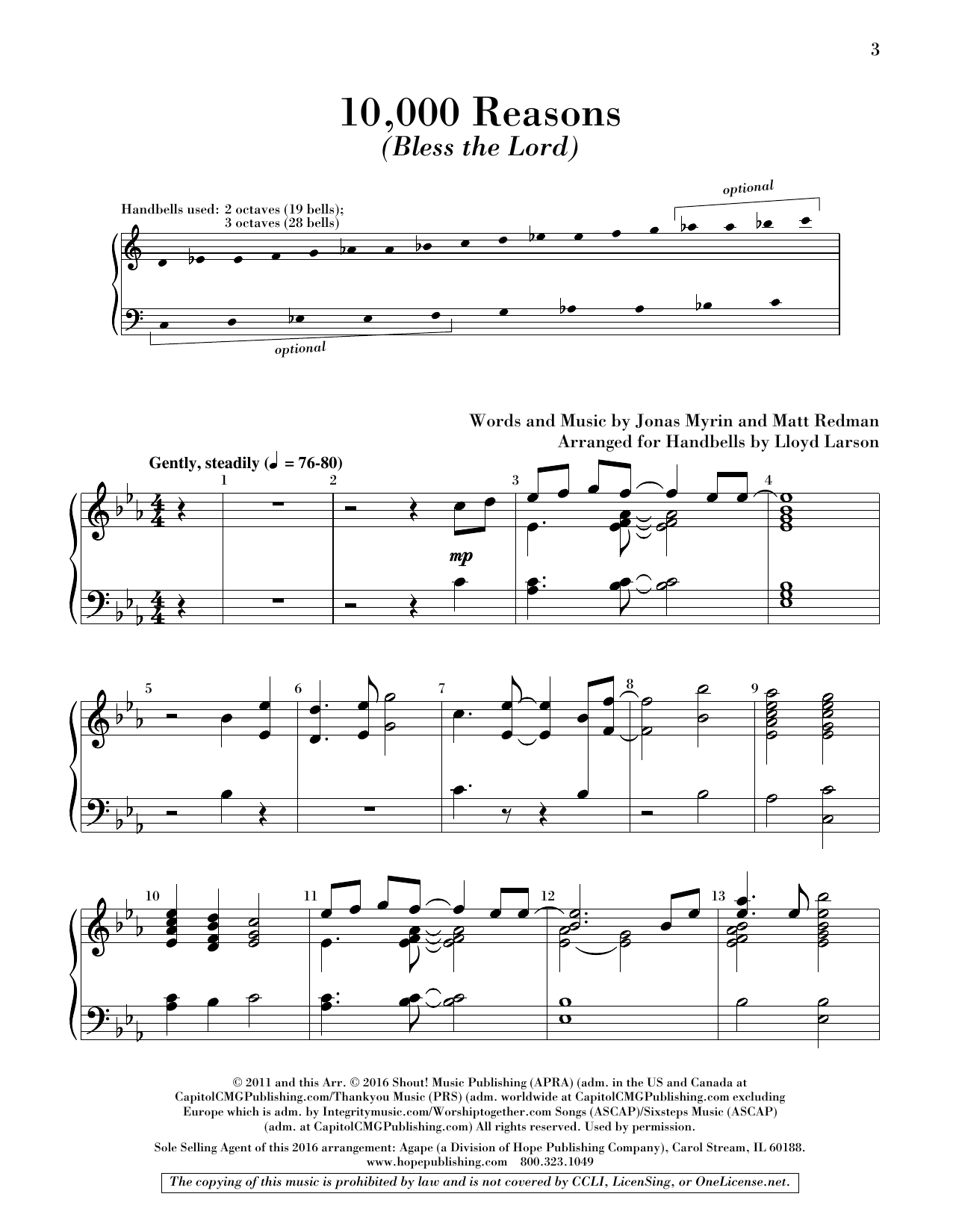 Lloyd Larson 10,000 Reasons (Bless the Lord) - Handbells Sheet Music Notes & Chords for Choir Instrumental Pak - Download or Print PDF