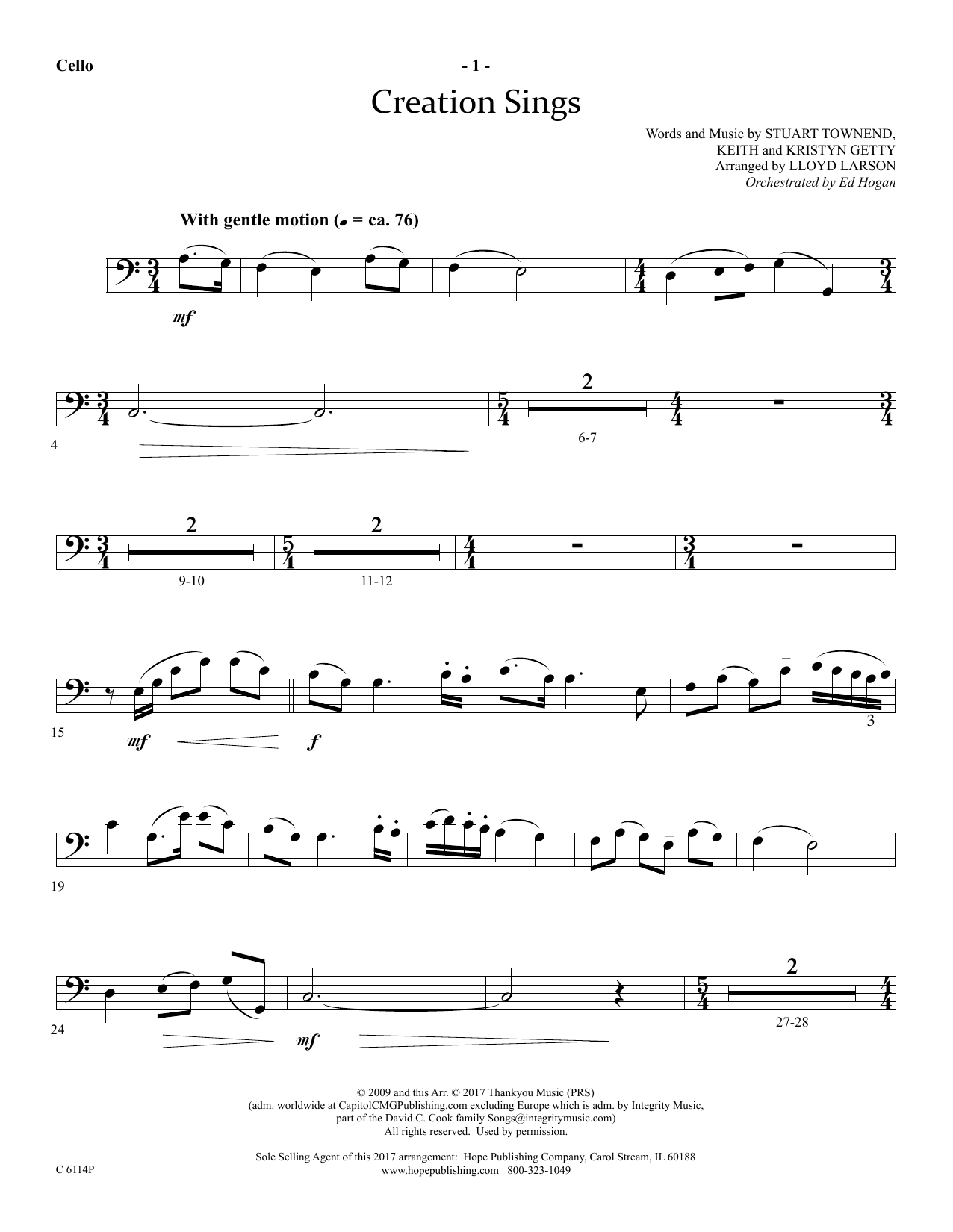 Lloyd Larson Creation Sings - Cello Sheet Music Notes & Chords for Choir Instrumental Pak - Download or Print PDF