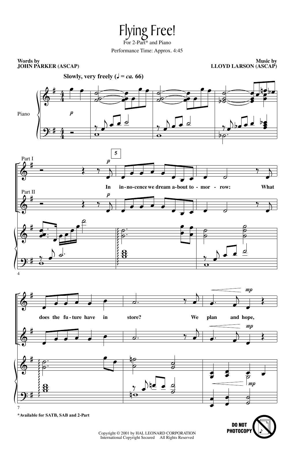 Lloyd Larson Flying Free! Sheet Music Notes & Chords for 2-Part Choir - Download or Print PDF
