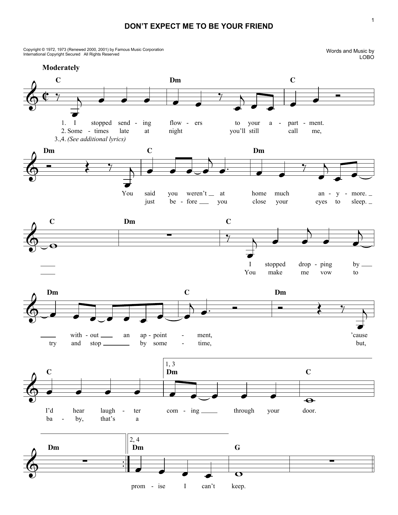 Lobo Don't Expect Me To Be Your Friend Sheet Music Notes & Chords for Melody Line, Lyrics & Chords - Download or Print PDF