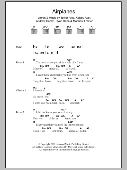 Local Natives Airplanes Sheet Music Notes & Chords for Lyrics & Chords - Download or Print PDF