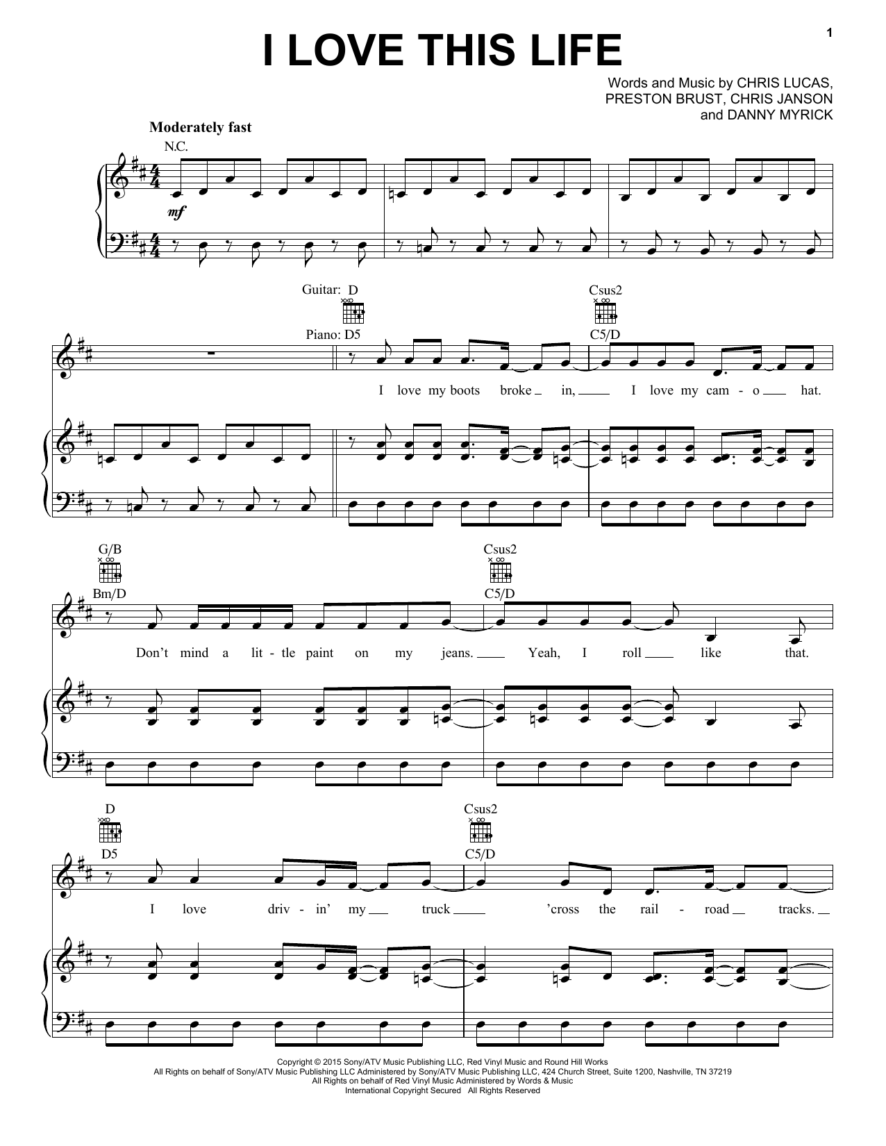 LoCash I Love This Life Sheet Music Notes & Chords for Piano, Vocal & Guitar (Right-Hand Melody) - Download or Print PDF