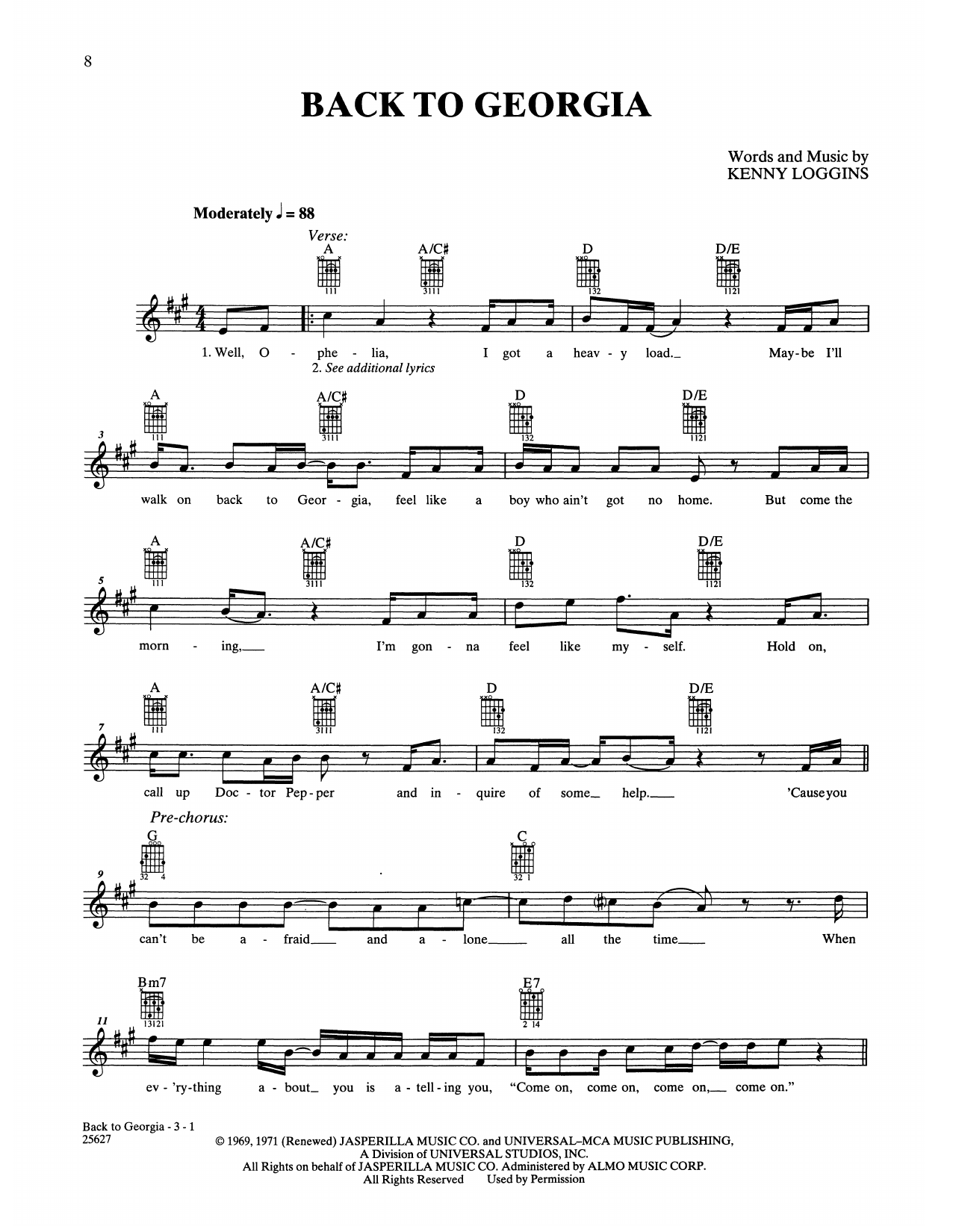 Loggins & Messina Back To Georgia Sheet Music Notes & Chords for Easy Guitar - Download or Print PDF