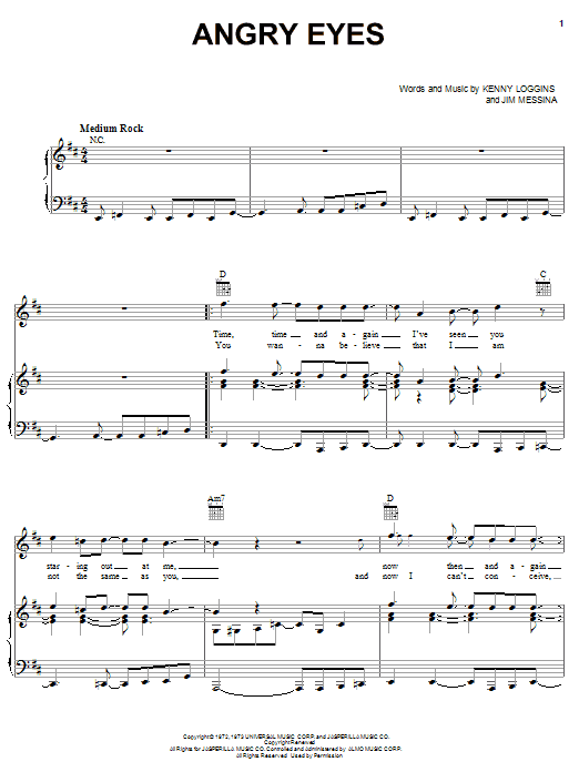 Loggins & Messina Angry Eyes Sheet Music Notes & Chords for Piano, Vocal & Guitar (Right-Hand Melody) - Download or Print PDF