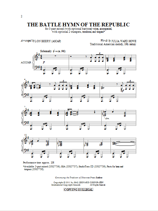Lon Beery Battle Hymn Of The Republic Sheet Music Notes & Chords for 3-Part Mixed - Download or Print PDF