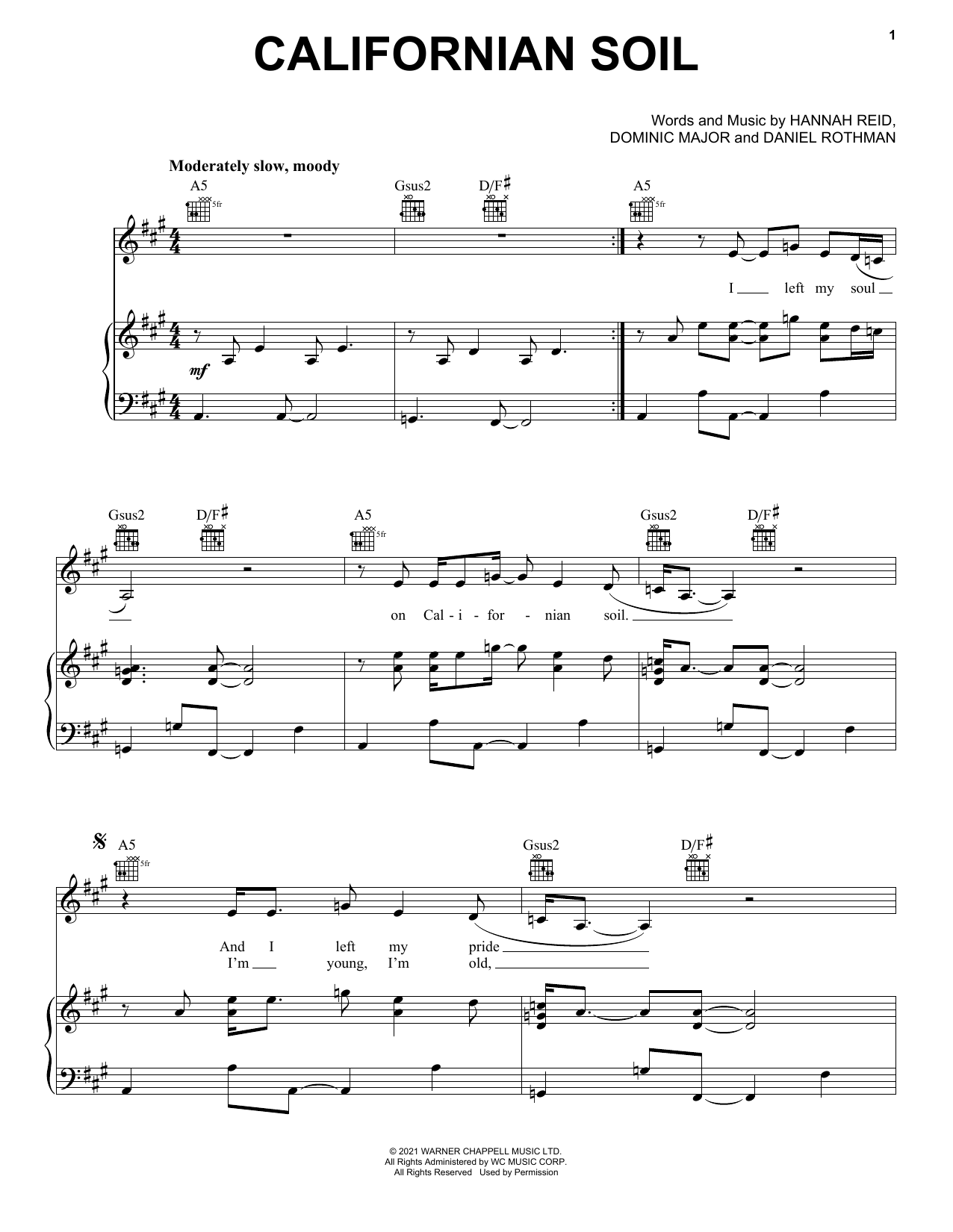 London Grammar Californian Soil Sheet Music Notes & Chords for Piano, Vocal & Guitar (Right-Hand Melody) - Download or Print PDF