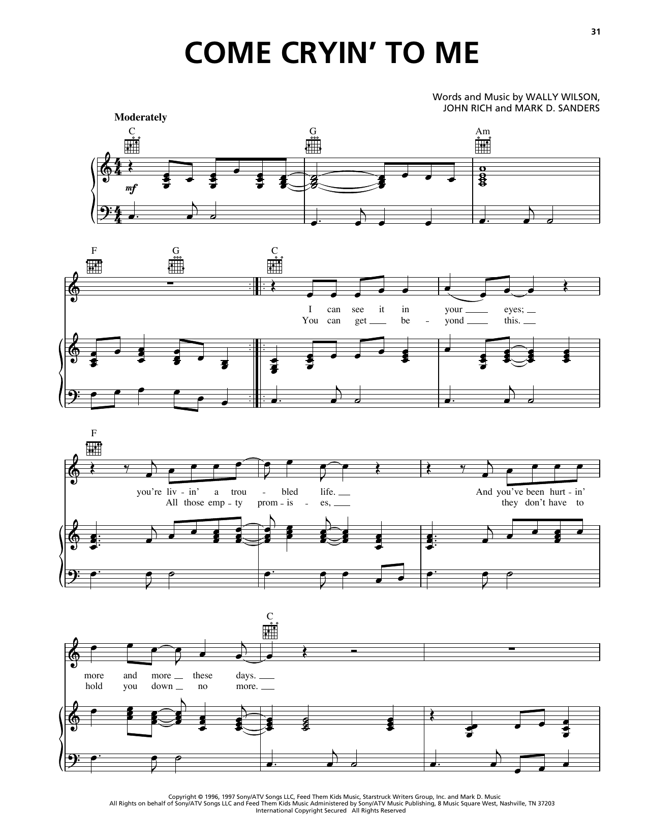 Lonestar Come Cryin' To Me Sheet Music Notes & Chords for Piano, Vocal & Guitar Chords (Right-Hand Melody) - Download or Print PDF