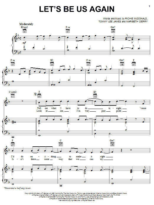 Lonestar Let's Be Us Again Sheet Music Notes & Chords for Piano, Vocal & Guitar (Right-Hand Melody) - Download or Print PDF