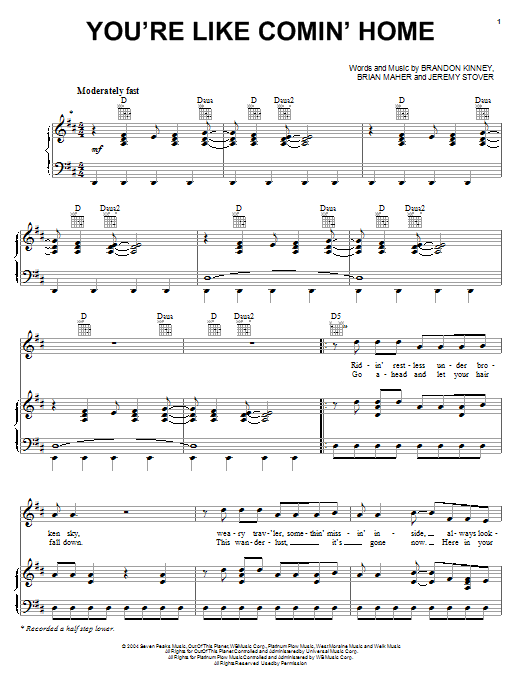 Lonestar You're Like Comin' Home Sheet Music Notes & Chords for Piano, Vocal & Guitar (Right-Hand Melody) - Download or Print PDF