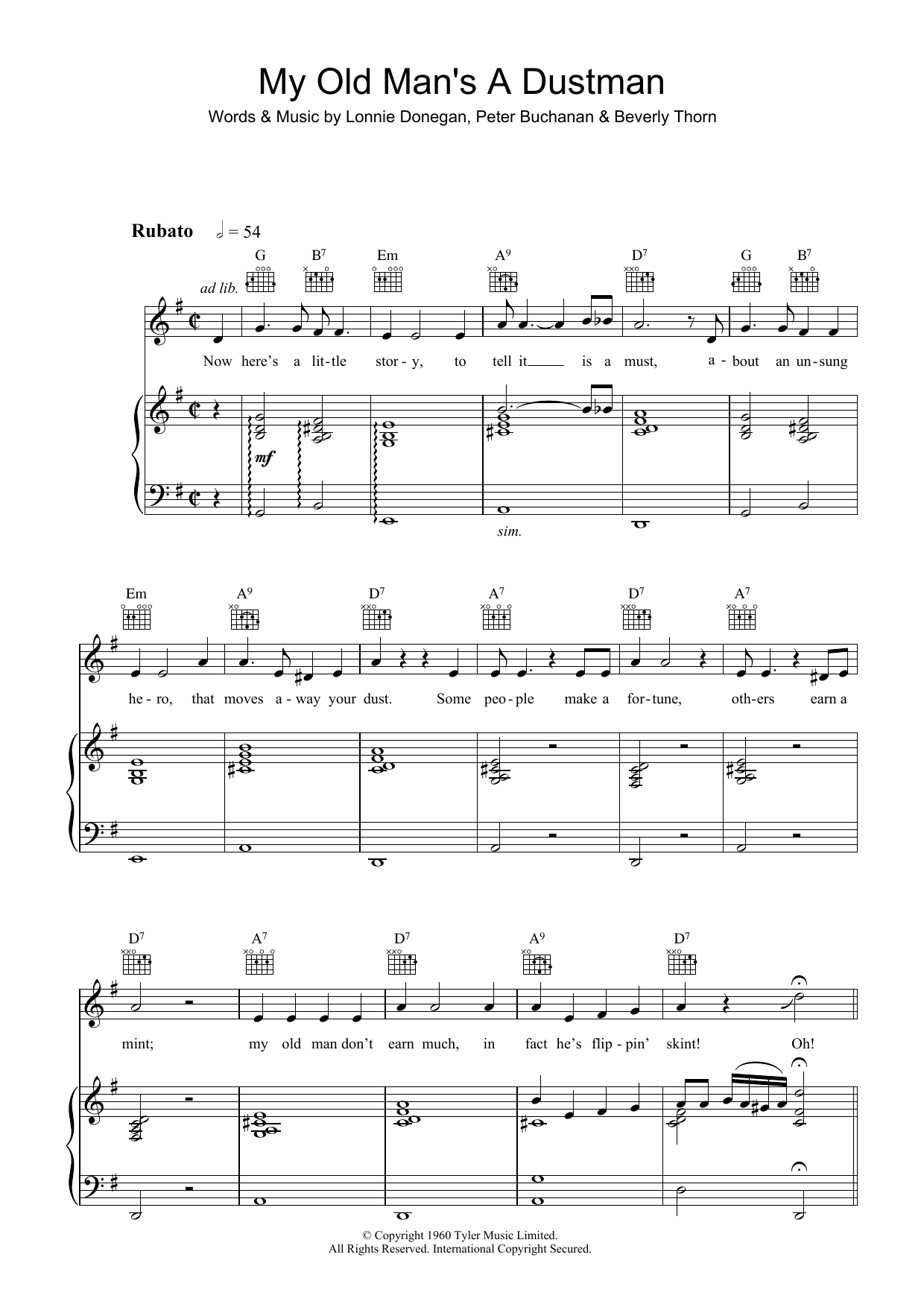 Lonnie Donegan My Old Man's A Dustman Sheet Music Notes & Chords for Piano, Vocal & Guitar - Download or Print PDF