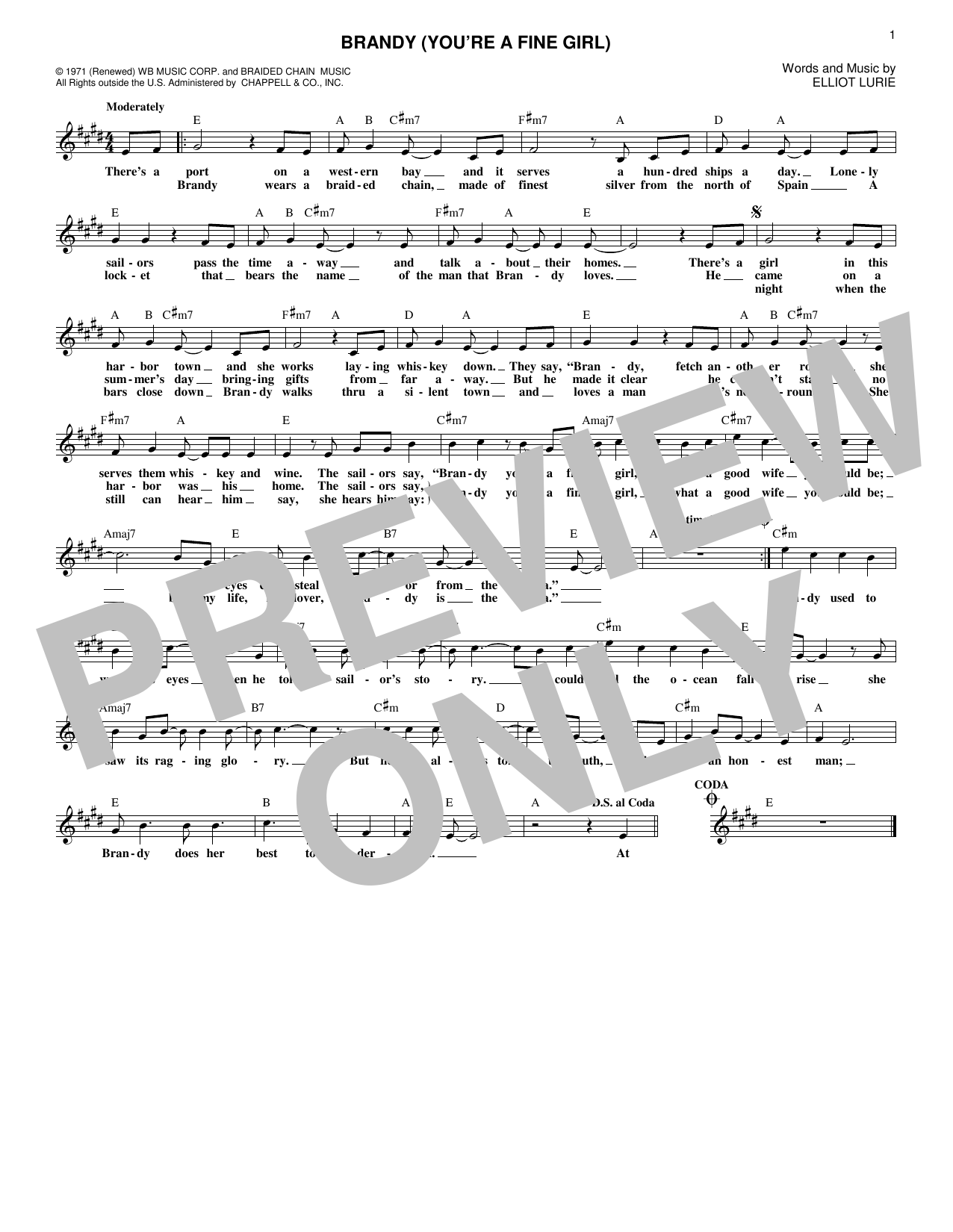 Looking Glass Brandy (You're A Fine Girl) Sheet Music Notes & Chords for Piano, Vocal & Guitar (Right-Hand Melody) - Download or Print PDF