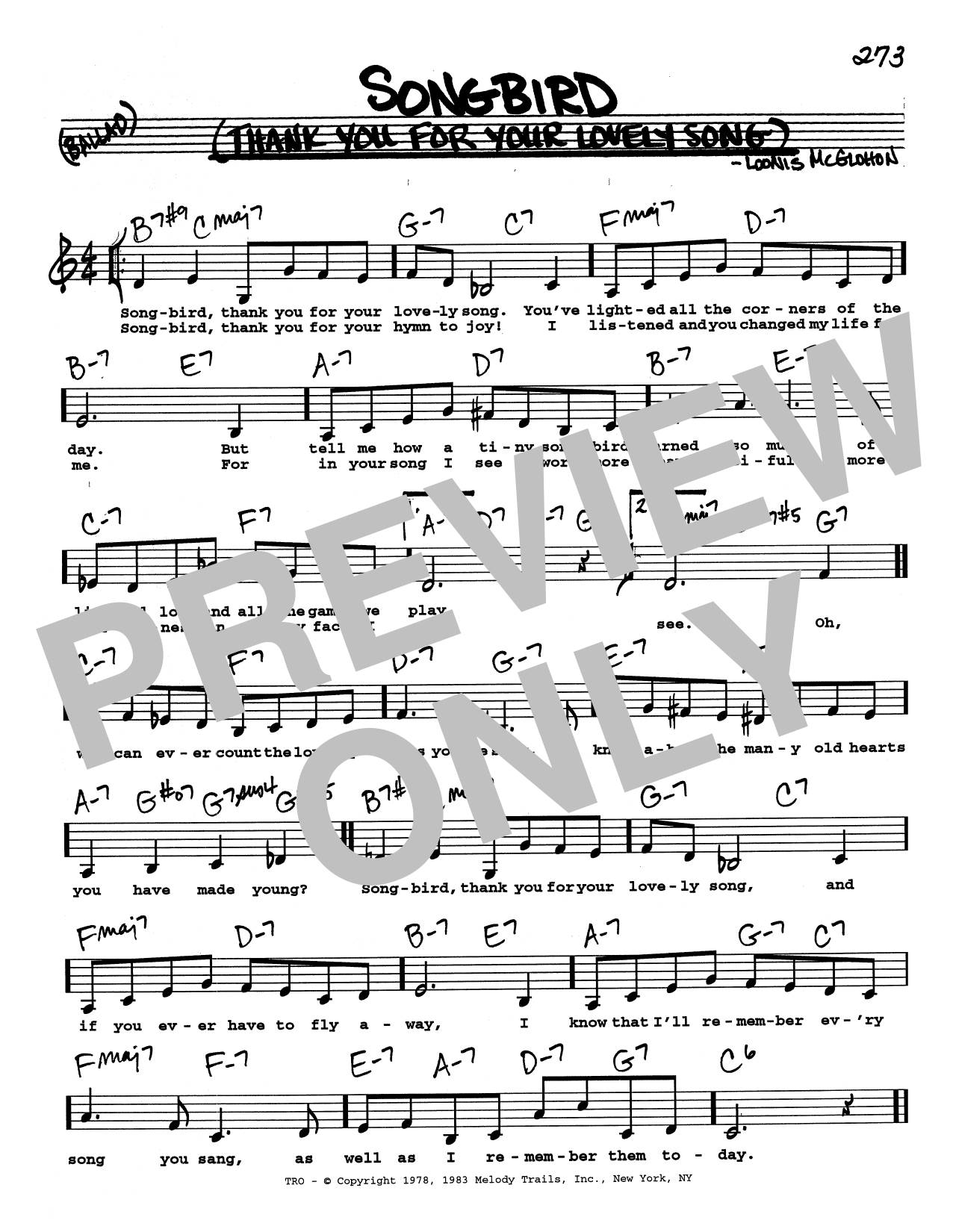 Loonis McGlohon Songbird (Thank You For Your Lovely Song) (Low Voice) Sheet Music Notes & Chords for Real Book – Melody, Lyrics & Chords - Download or Print PDF
