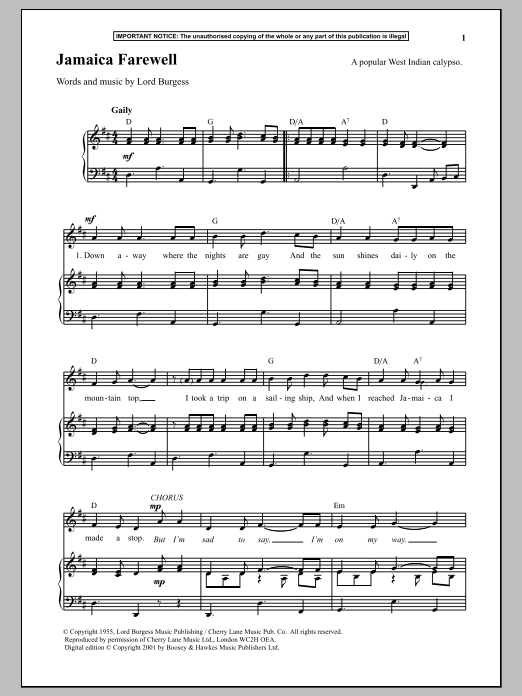 Lord Burgess Jamaica Farewell Sheet Music Notes & Chords for Piano Solo - Download or Print PDF