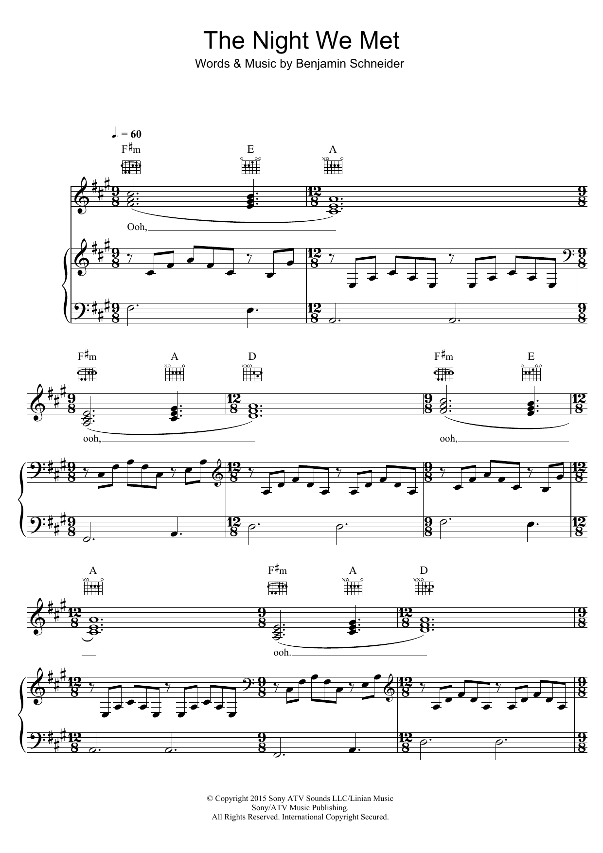 Lord Huron The Night We Met Sheet Music Notes & Chords for Piano, Vocal & Guitar (Right-Hand Melody) - Download or Print PDF