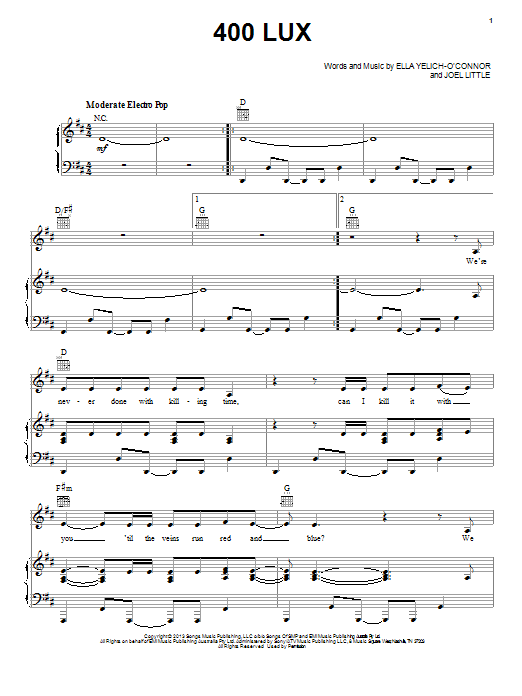 Lorde 400 Lux Sheet Music Notes & Chords for Easy Piano - Download or Print PDF