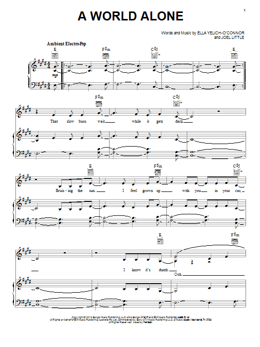 Lorde A World Alone Sheet Music Notes & Chords for Piano, Vocal & Guitar (Right-Hand Melody) - Download or Print PDF