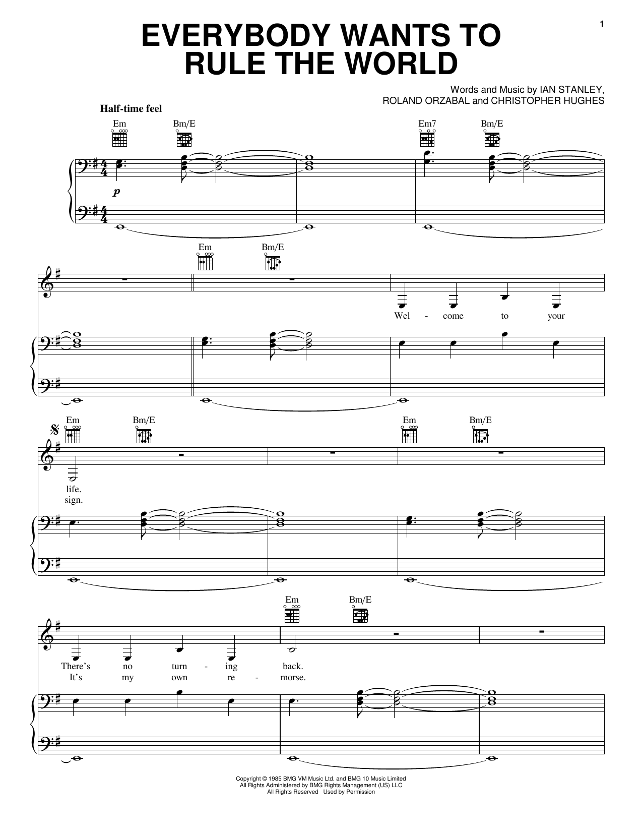 Lorde Everybody Wants To Rule The World Sheet Music Notes & Chords for Piano, Vocal & Guitar (Right-Hand Melody) - Download or Print PDF