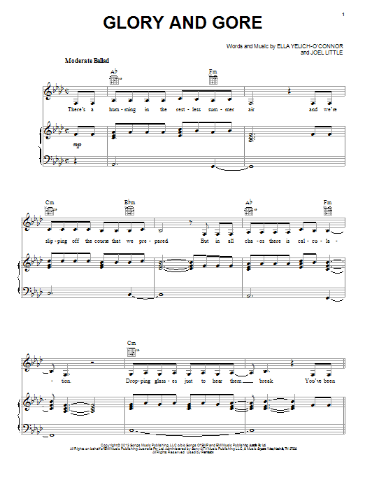 Lorde Glory And Gore Sheet Music Notes & Chords for Piano, Vocal & Guitar (Right-Hand Melody) - Download or Print PDF