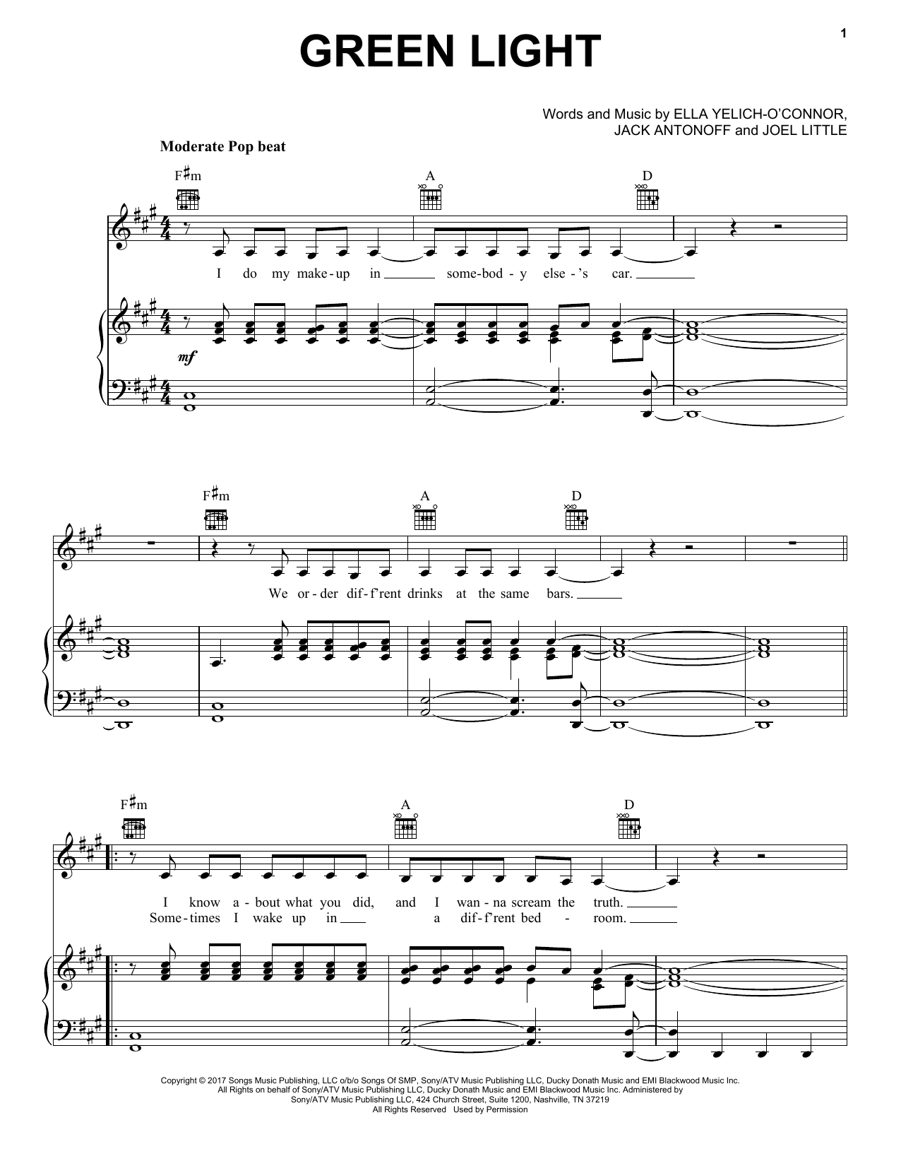 Lorde Green Light Sheet Music Notes & Chords for Piano, Vocal & Guitar (Right-Hand Melody) - Download or Print PDF