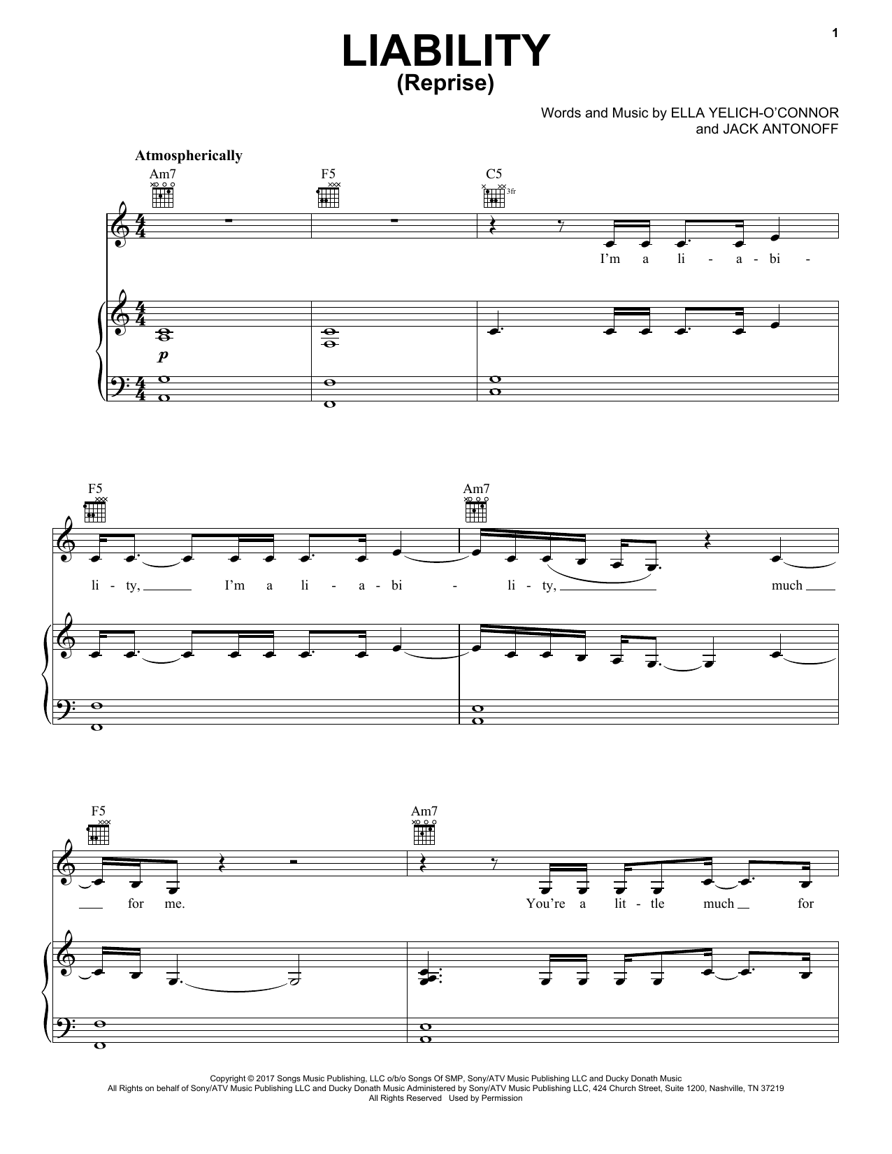 Lorde Liability (Reprise) Sheet Music Notes & Chords for Piano, Vocal & Guitar (Right-Hand Melody) - Download or Print PDF