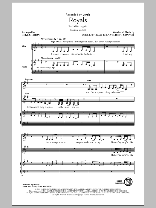 Lorde Royals (arr. Deke Sharon) Sheet Music Notes & Chords for SATB - Download or Print PDF