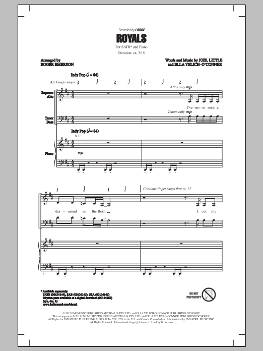 Lorde Royals (arr. Roger Emerson) Sheet Music Notes & Chords for SATB - Download or Print PDF