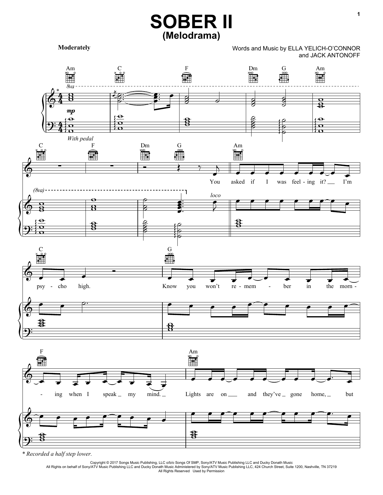 Lorde Sober II (Melodrama) Sheet Music Notes & Chords for Piano, Vocal & Guitar (Right-Hand Melody) - Download or Print PDF