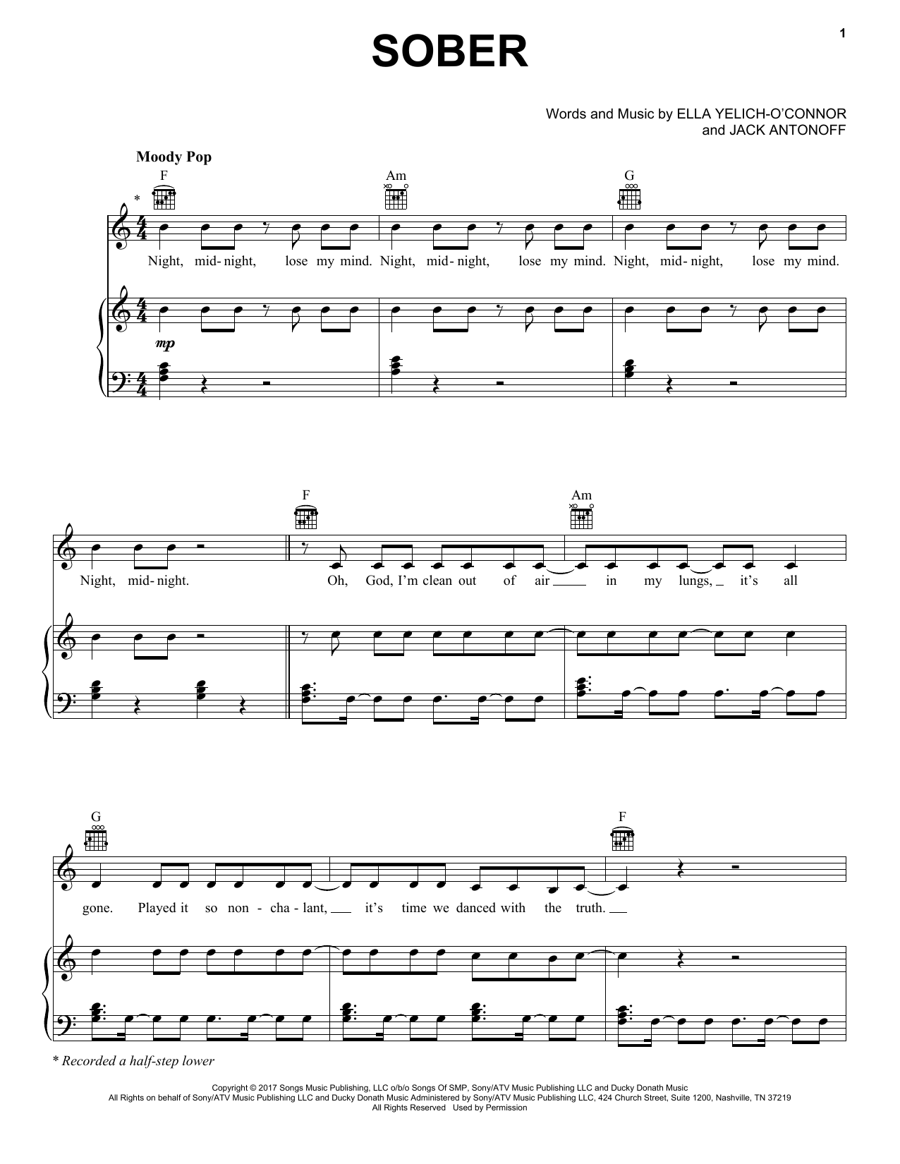 Lorde Sober Sheet Music Notes & Chords for Piano, Vocal & Guitar (Right-Hand Melody) - Download or Print PDF