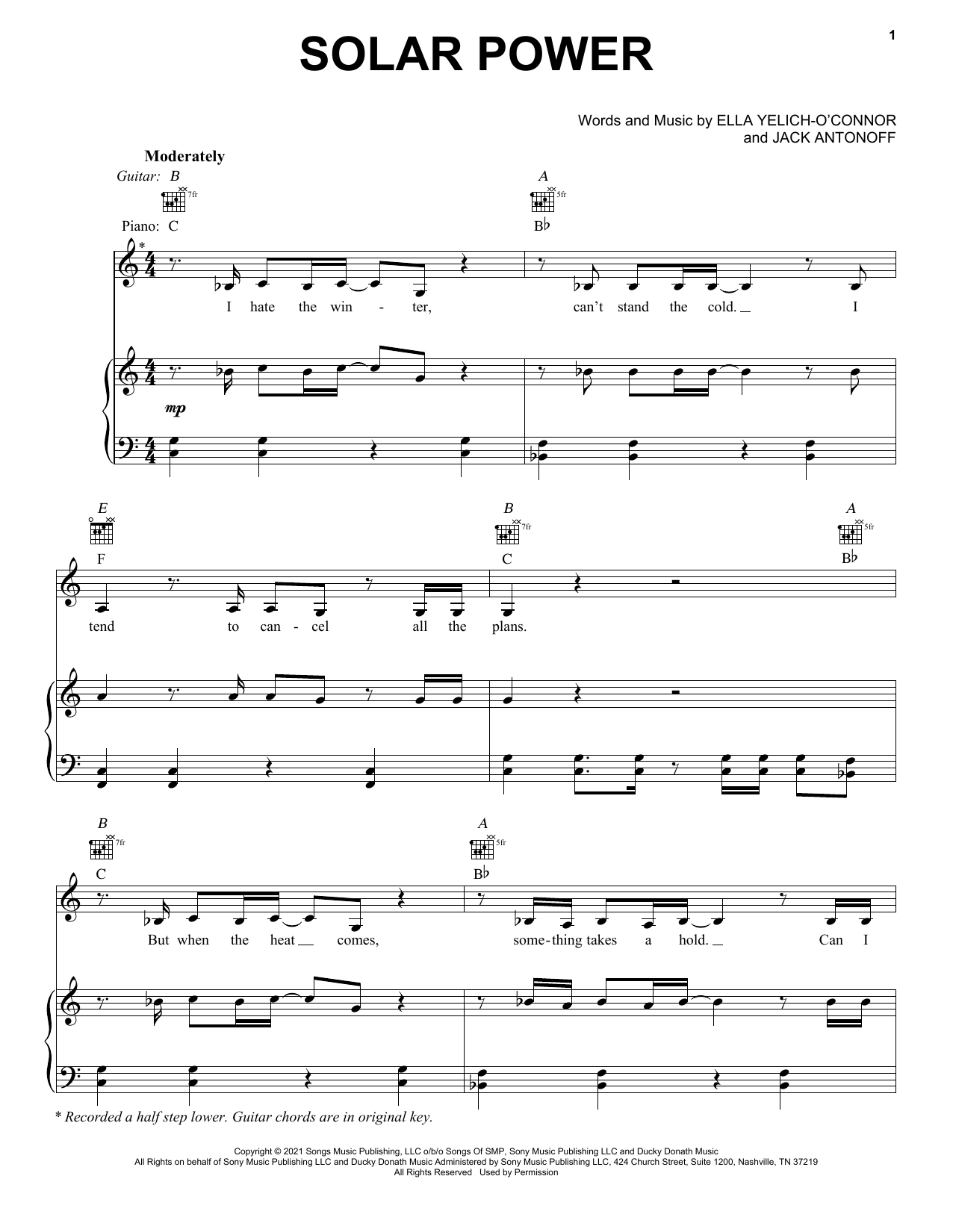 Lorde Solar Power Sheet Music Notes & Chords for Easy Guitar Tab - Download or Print PDF