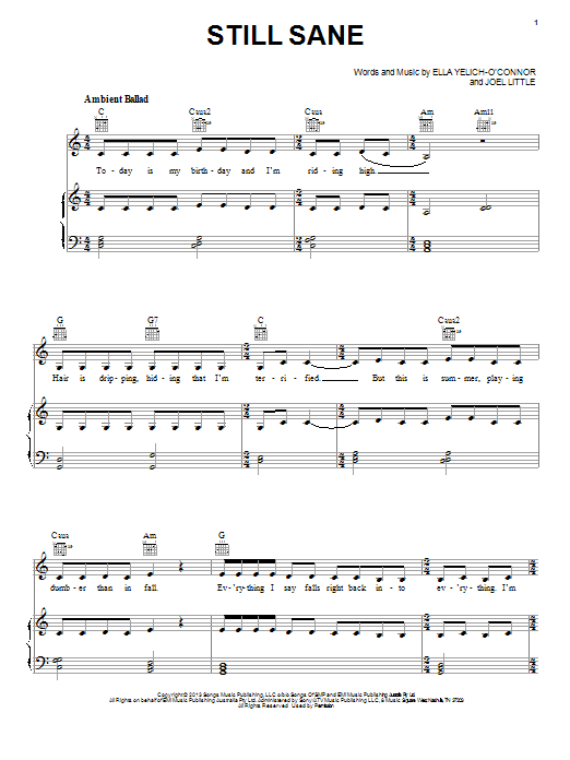 Lorde Still Sane Sheet Music Notes & Chords for Piano, Vocal & Guitar (Right-Hand Melody) - Download or Print PDF