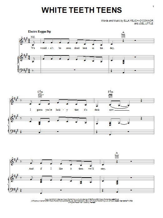 Lorde White Teeth Teens Sheet Music Notes & Chords for Piano, Vocal & Guitar (Right-Hand Melody) - Download or Print PDF
