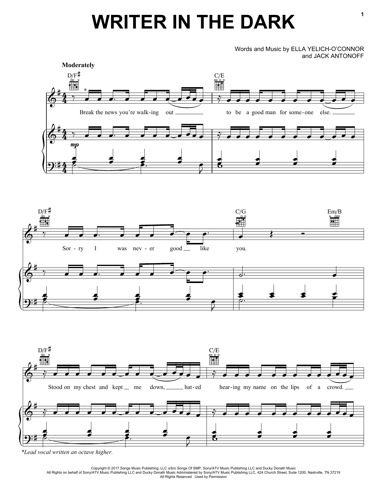 Lorde Writer In The Dark Sheet Music Notes & Chords for Piano, Vocal & Guitar (Right-Hand Melody) - Download or Print PDF
