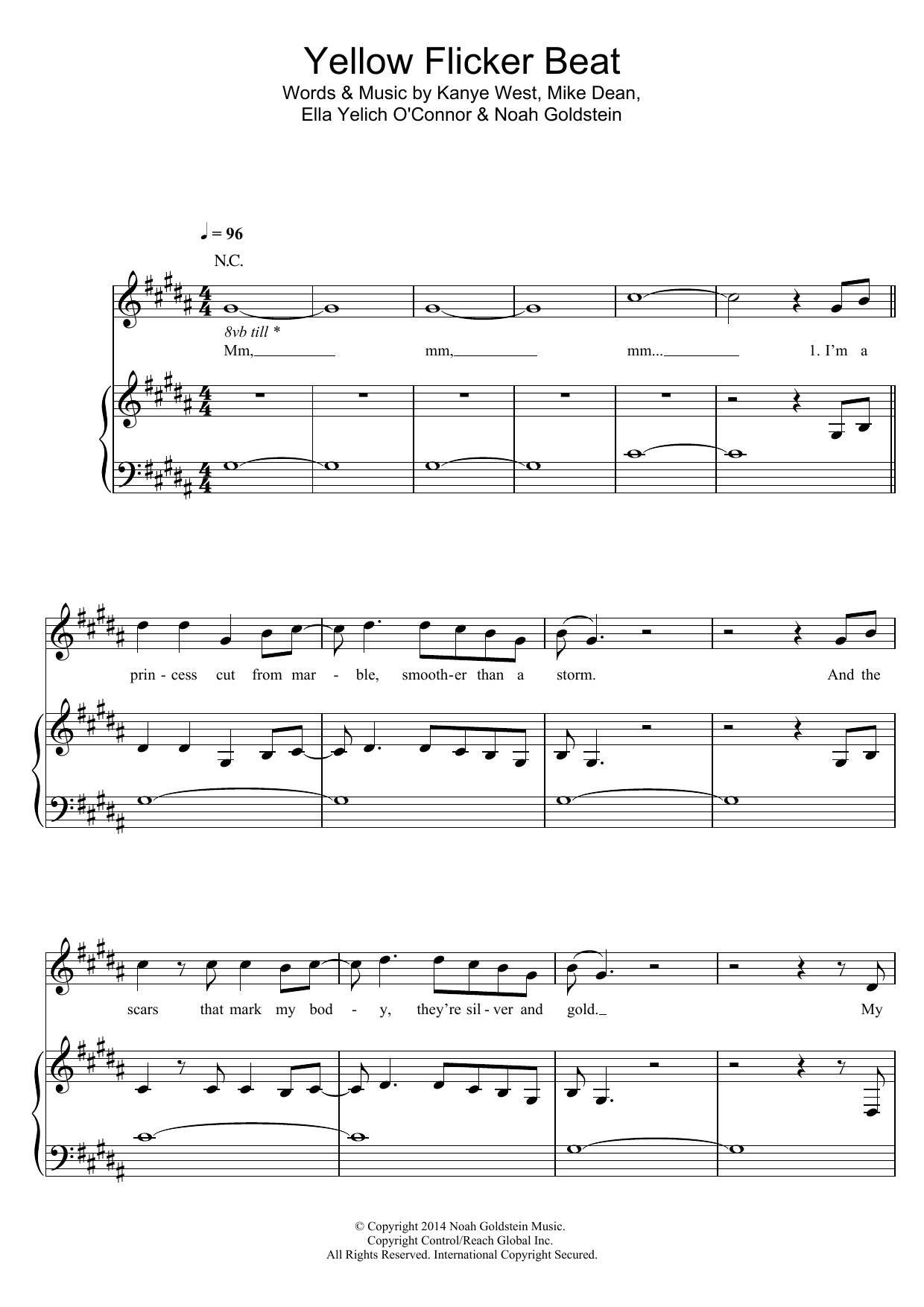 Lorde Yellow Flicker Beat Sheet Music Notes & Chords for Piano, Vocal & Guitar (Right-Hand Melody) - Download or Print PDF