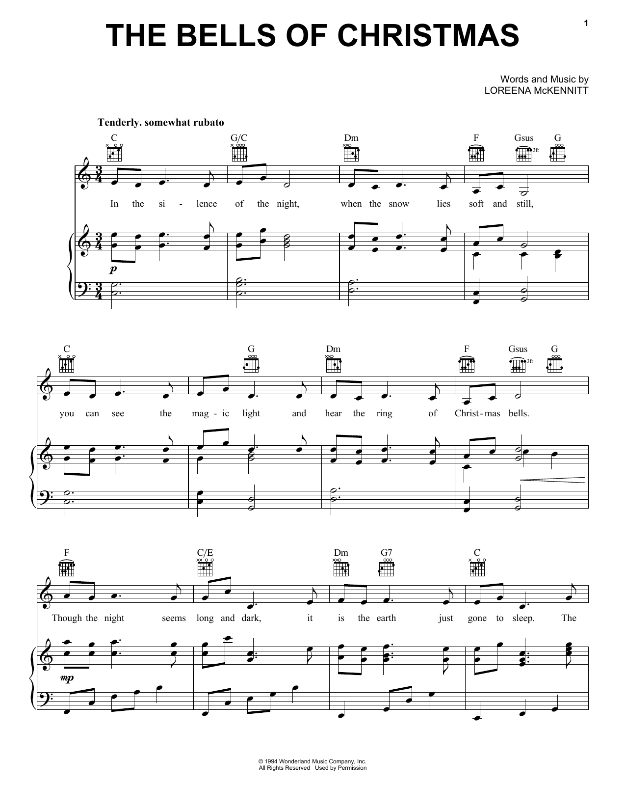Loreena McKennitt The Bells Of Christmas Sheet Music Notes & Chords for Piano, Vocal & Guitar (Right-Hand Melody) - Download or Print PDF