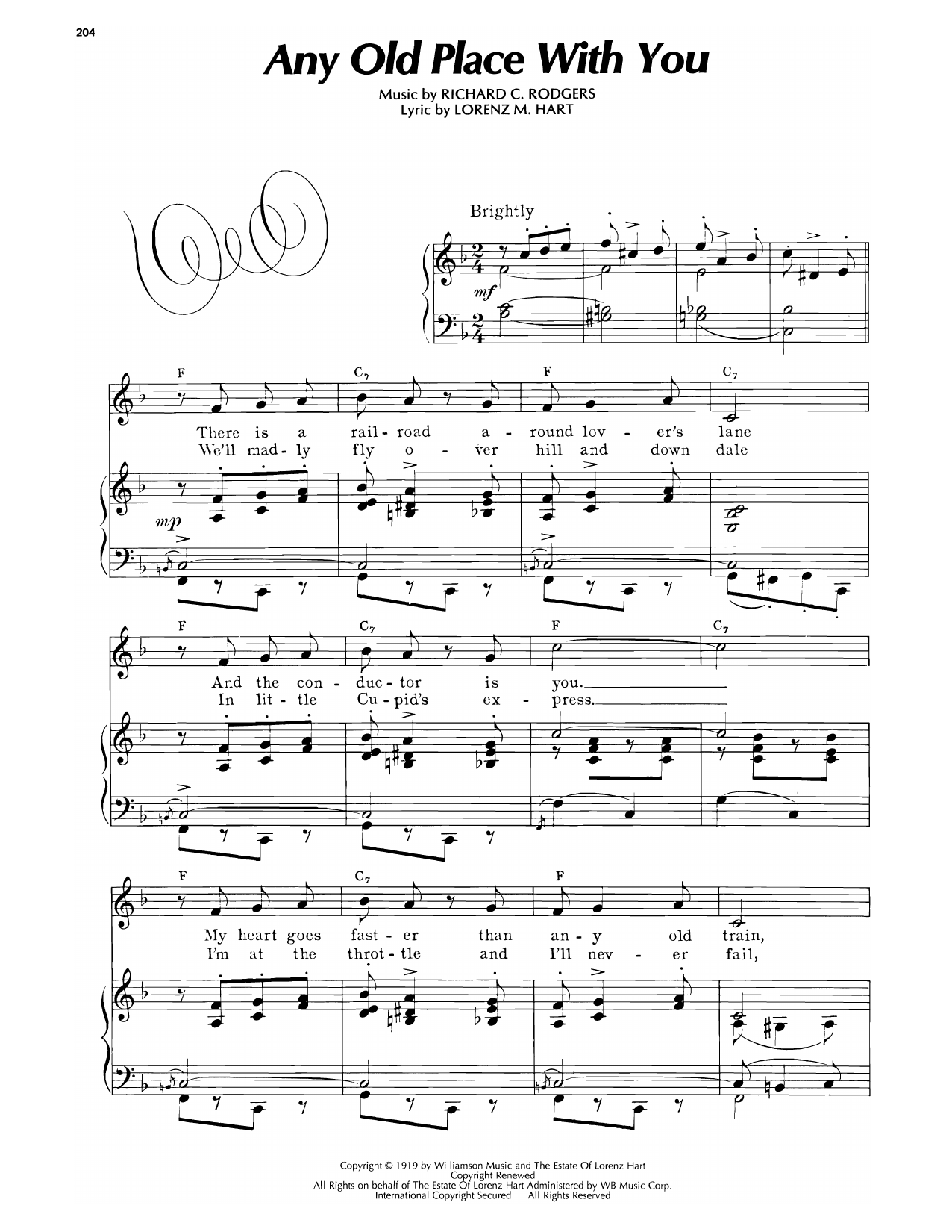 Lorenz Hart Any Old Place With You Sheet Music Notes & Chords for Piano, Vocal & Guitar Chords (Right-Hand Melody) - Download or Print PDF