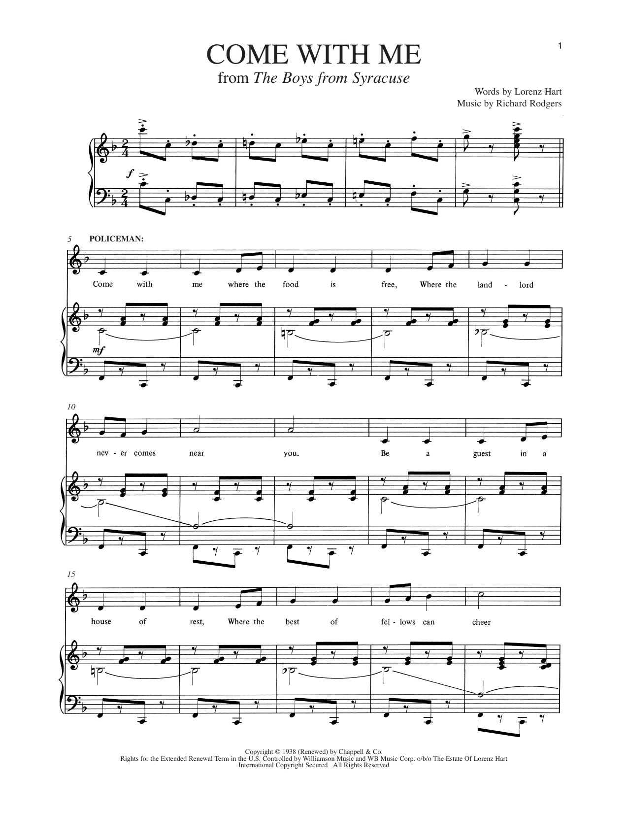 Lorenz Hart Come With Me (from The Boys From Syracuse) Sheet Music Notes & Chords for Piano & Vocal - Download or Print PDF