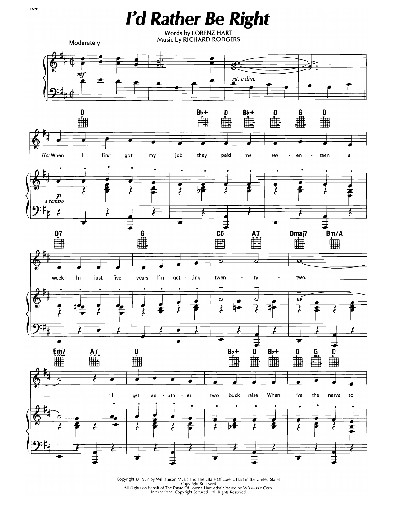 Lorenz Hart I'd Rather Be Right Sheet Music Notes & Chords for Piano, Vocal & Guitar Chords (Right-Hand Melody) - Download or Print PDF