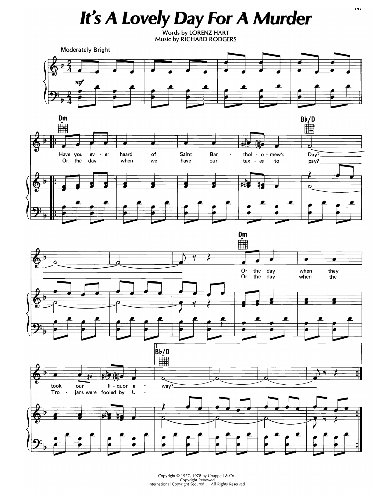 Lorenz Hart It's A Lovely Day For A Murder (from Higher And Higher) Sheet Music Notes & Chords for Piano, Vocal & Guitar Chords (Right-Hand Melody) - Download or Print PDF Lorenz Hart It's A Lovely Day For A Murder (from Higher And Higher) Sheet Music Notes & Chords for Piano, Vocal & Guitar Chords (Right-Hand Melody) - Download or Print PDF