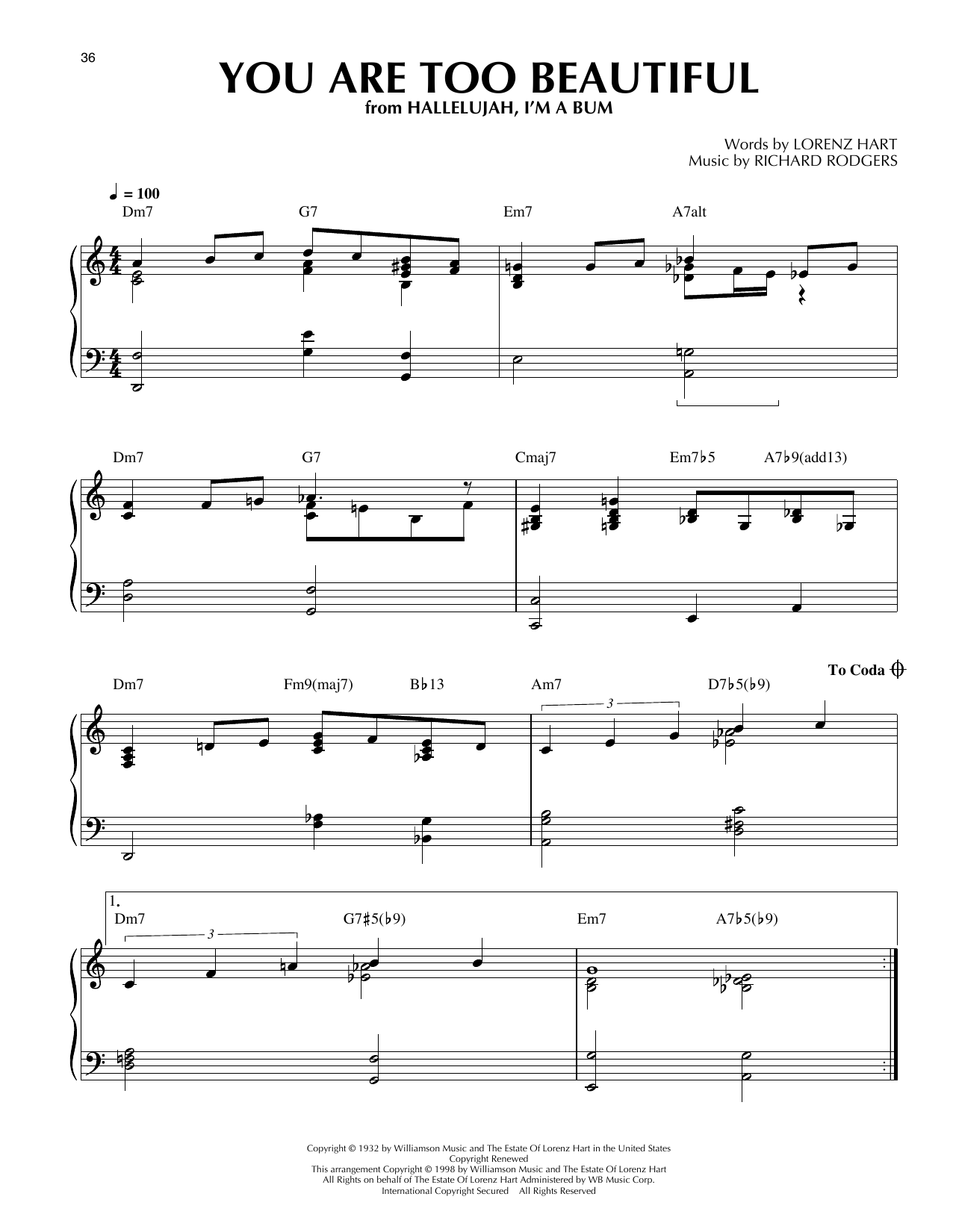 Lorenz Hart You Are Too Beautiful (arr. Thomas Coppola) Sheet Music Notes & Chords for Piano Solo - Download or Print PDF