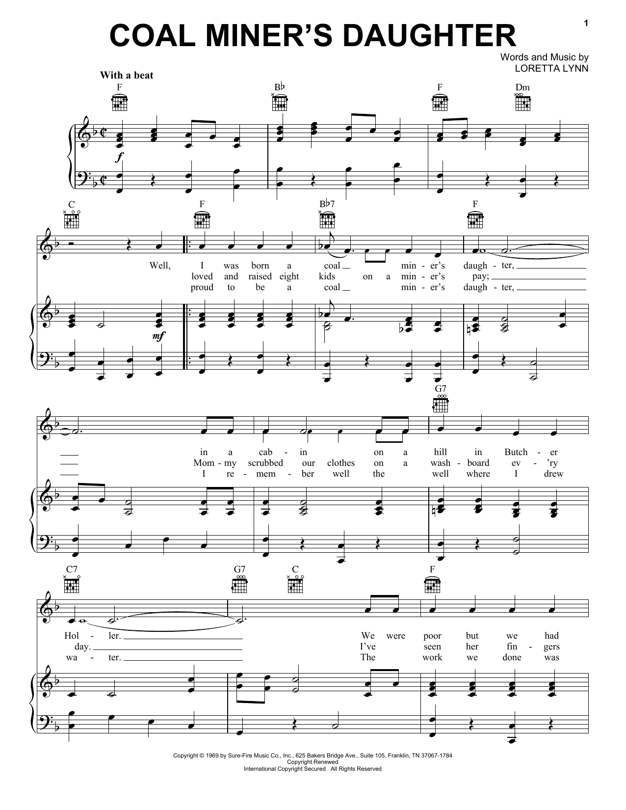 Loretta Lynn Coal Miner's Daughter Sheet Music Notes & Chords for Lyrics & Chords - Download or Print PDF