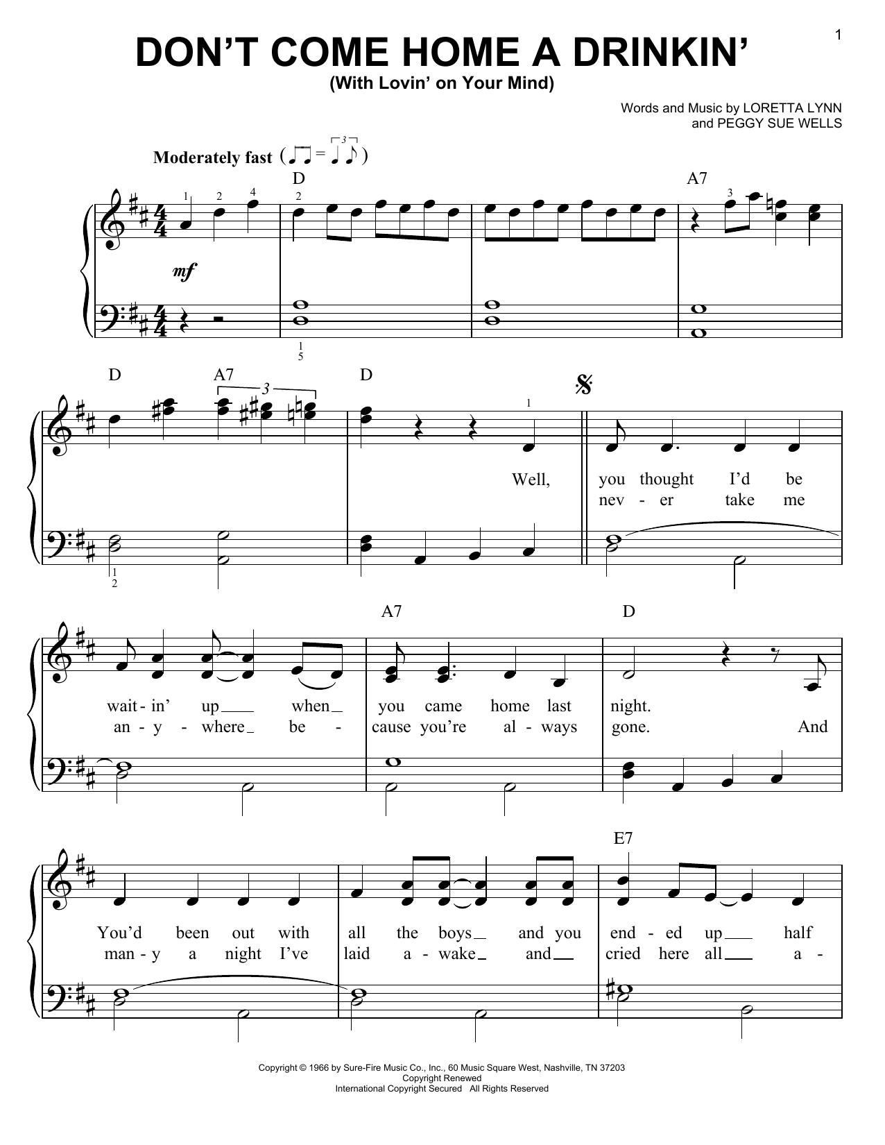 Loretta Lynn Don't Come Home A Drinkin' (With Lovin' On Your Mind) Sheet Music Notes & Chords for Piano, Vocal & Guitar Chords (Right-Hand Melody) - Download or Print PDF