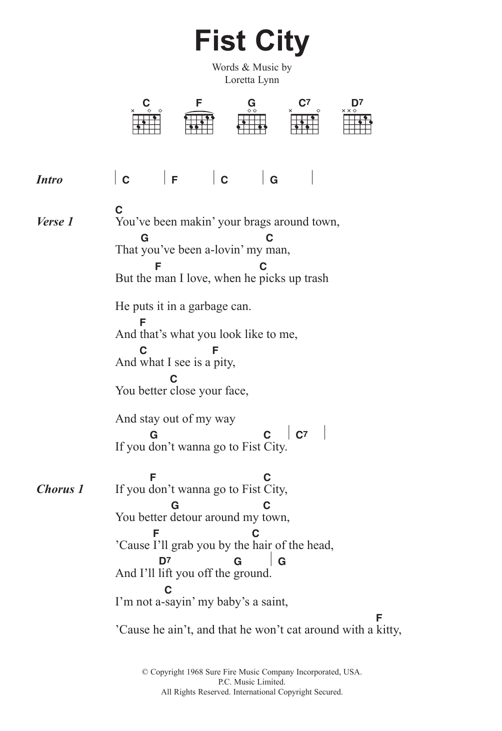 Loretta Lynn Fist City Sheet Music Notes & Chords for Lyrics & Chords - Download or Print PDF