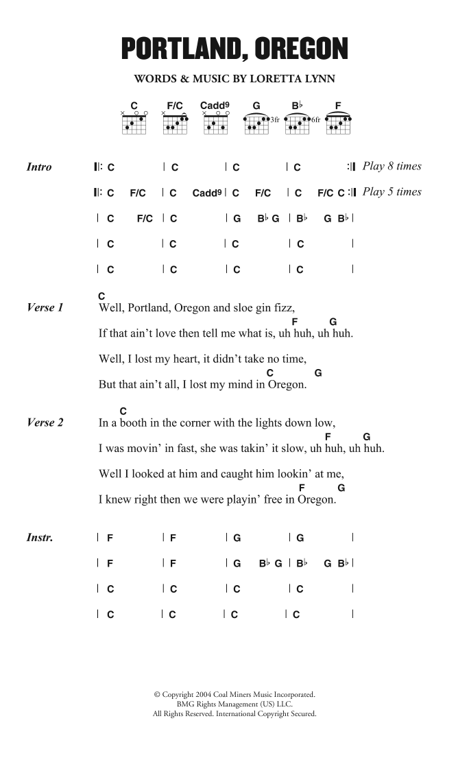 Loretta Lynn Portland, Oregon Sheet Music Notes & Chords for Lyrics & Chords - Download or Print PDF