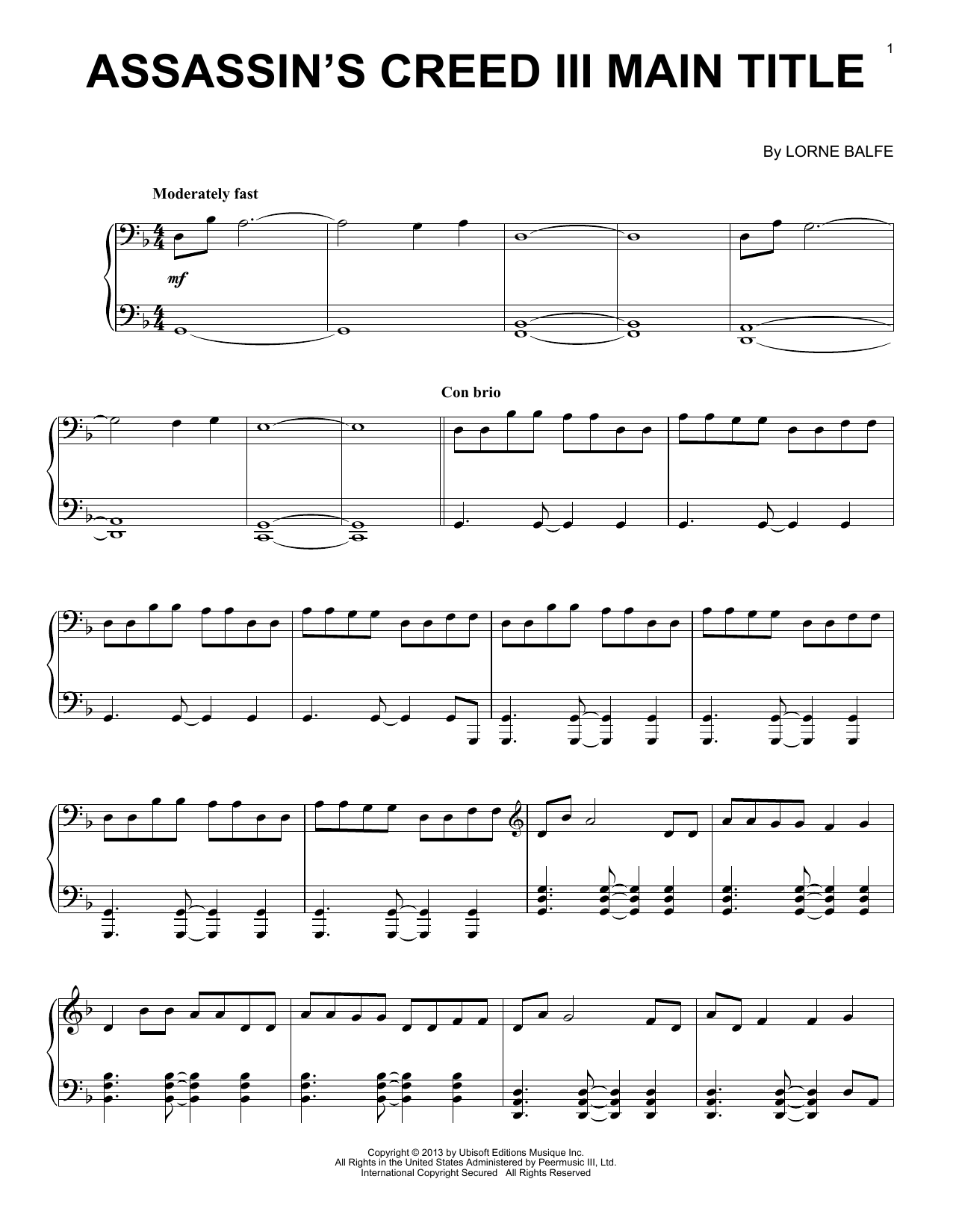 Lorne Balfe Assassin's Creed III Main Title Sheet Music Notes & Chords for Easy Guitar Tab - Download or Print PDF