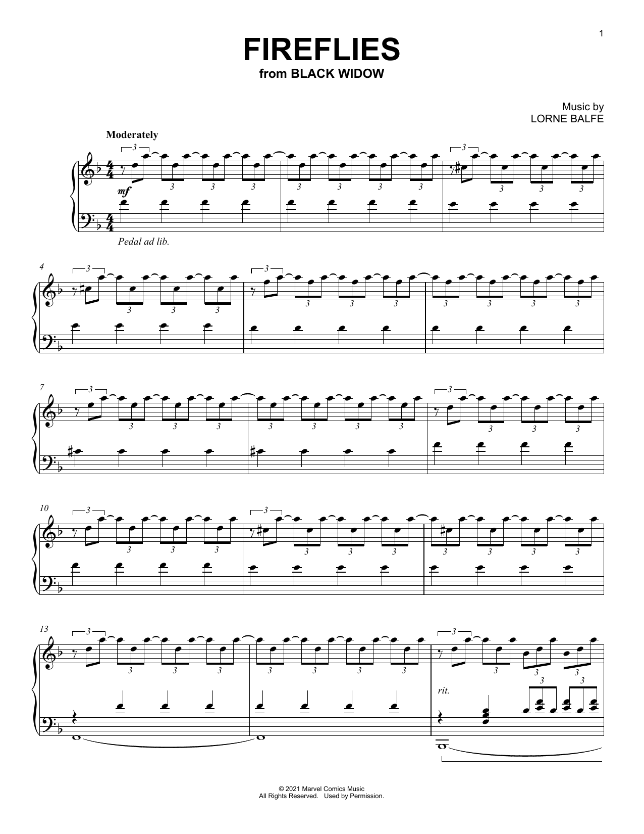 Lorne Balfe Fireflies (from Black Widow) Sheet Music Notes & Chords for Piano Solo - Download or Print PDF