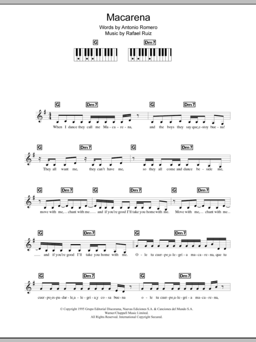 Los Del Rio Macarena Sheet Music Notes & Chords for Piano, Vocal & Guitar (Right-Hand Melody) - Download or Print PDF