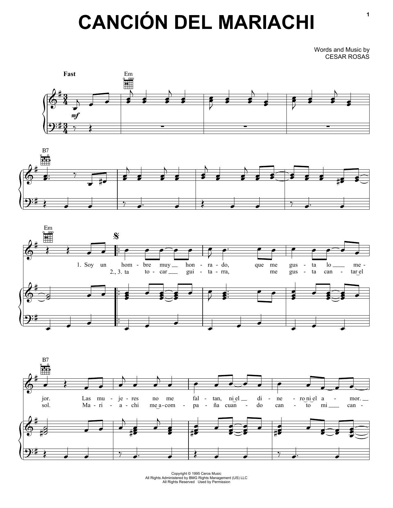 Los Lobos & Antonio Banderas Cancion Del Mariachi Sheet Music Notes & Chords for Piano, Vocal & Guitar (Right-Hand Melody) - Download or Print PDF